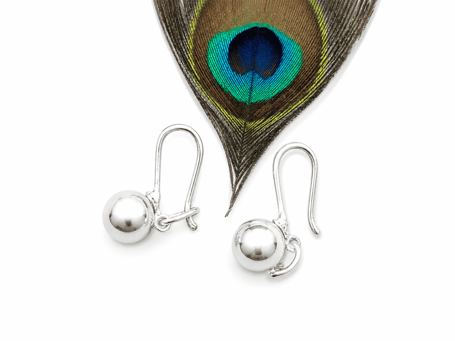 8mm Ball Hoop Drop Earrings, Silver Earrings