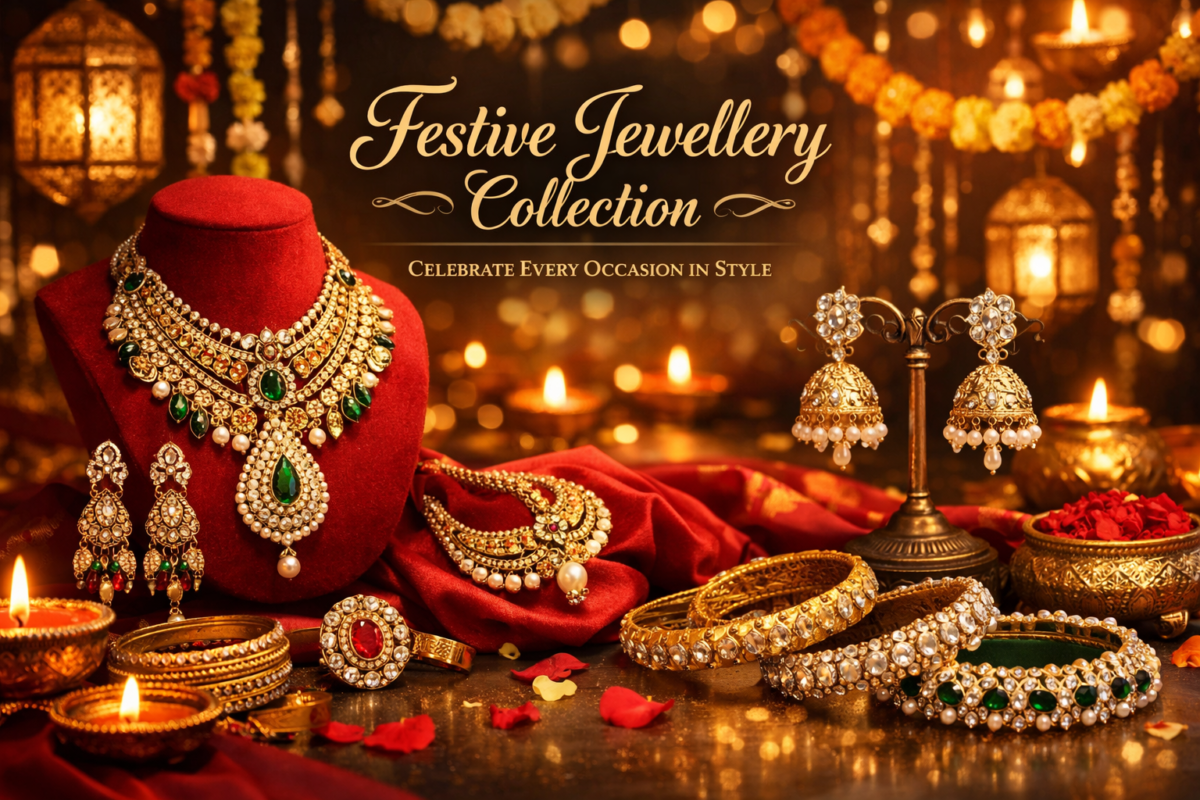 Elegant festive jewellery collection displayed on a red velvet stand, featuring a gold necklace, matching earrings, bangles, and traditional Indian ornaments, set against a warm festive background with glowing diyas, lanterns, and marigold decorations.